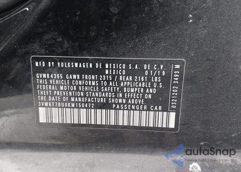 2019 Volkswagen Jetta Gli 2.0T 35Th Anniversary Edition/2.0T Autobahn/2.0T S из США, поврежденный, VIN 3VW6T7BU0KM150472